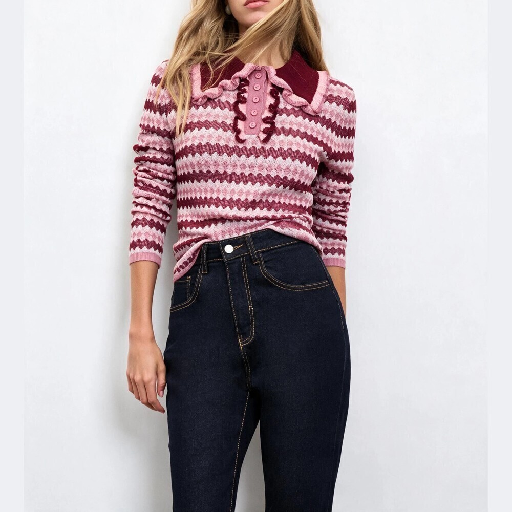 Pink Burgundy Zigzag Knit Ruffle Collar Long Sleeve Polo Sweater